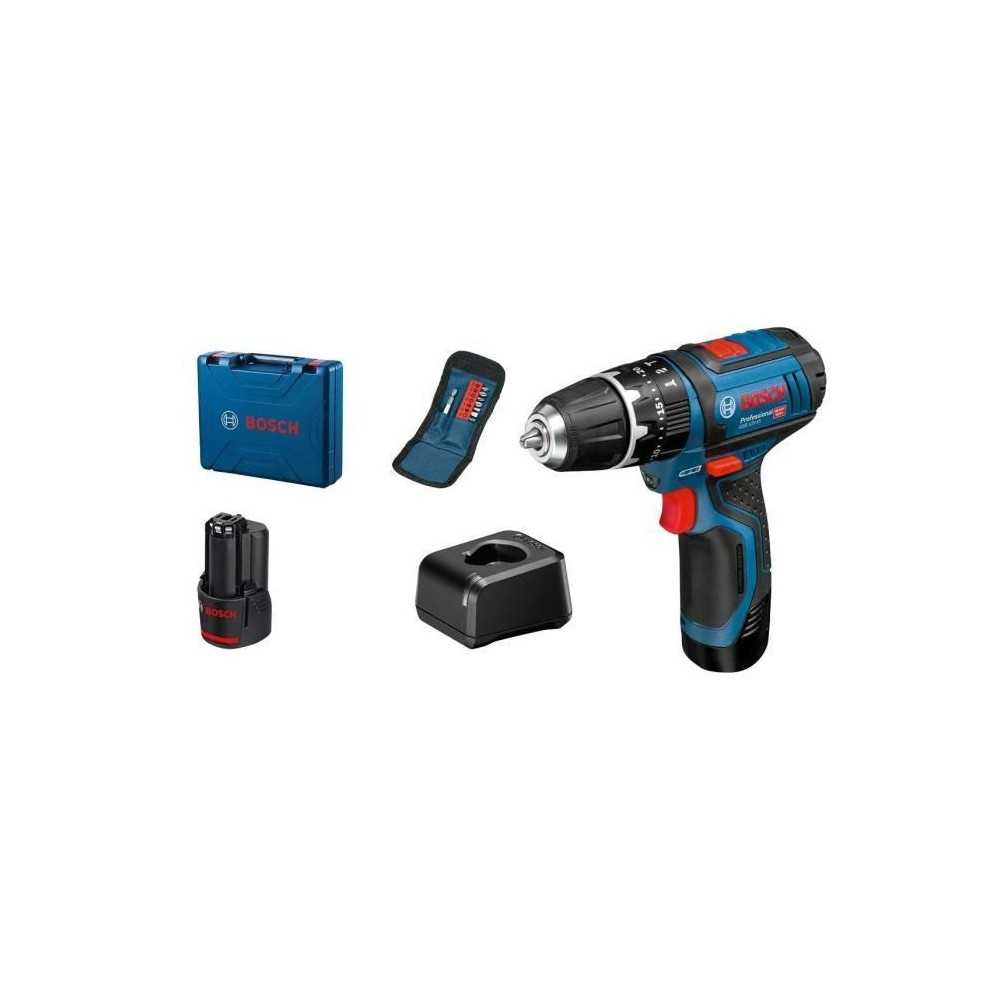 Perceuse-visseuse a percussion Bosch Professional GSB 12V-15 + 10 acce