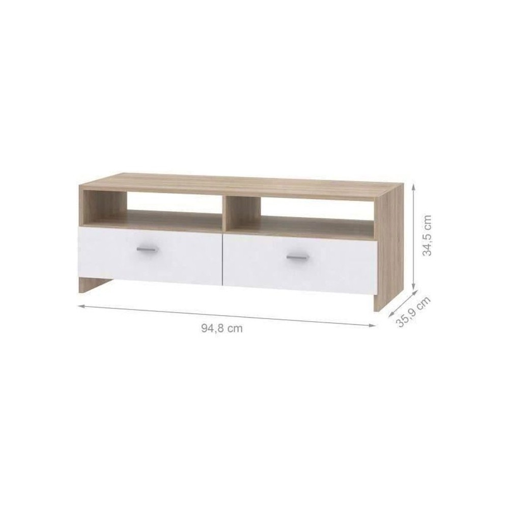 Meuble TV PILVI - Blanc mat et chene - Contemporain - L 95 x P 36 x H