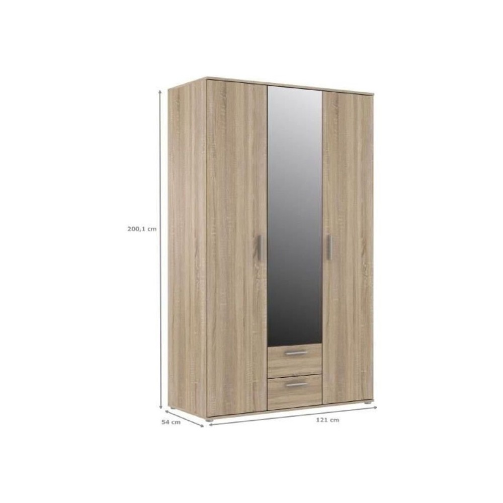 Armoire 3 portes battantes avec 1 miroir + 2 tiroirs - Décor chene So