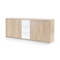 Buffet bas PILVI - 4 portes et 3 tiroirs - Blanc mat et chene sonoma -