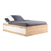 Lit adulte scandinave 3 tiroirs décor chene et blanc mat - l 140 x L