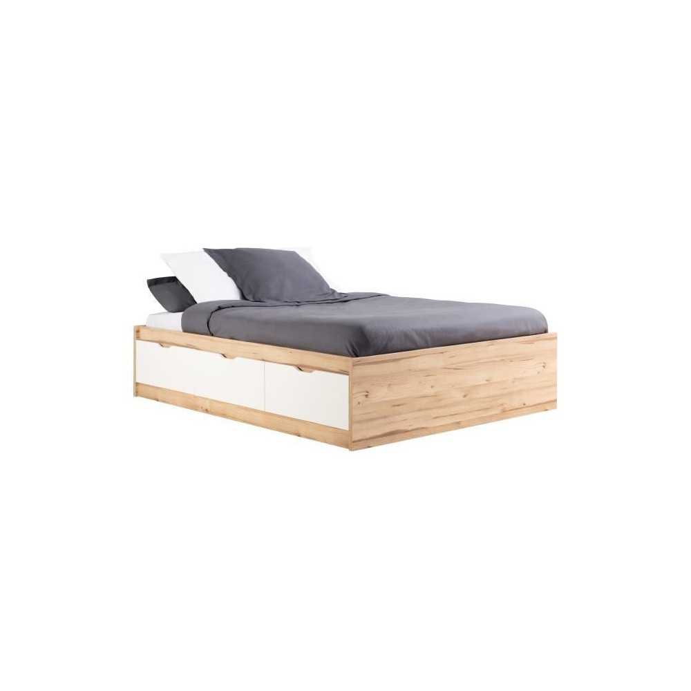 Lit adulte scandinave 3 tiroirs décor chene et blanc mat - l 140 x L