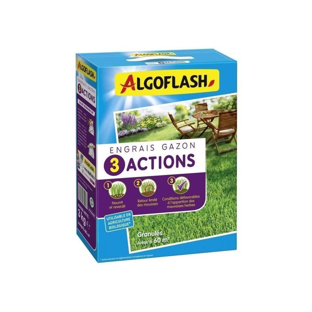 Engrais Gazon - ALGOFLASH NATURASOL - 3 Actions - 3 kg