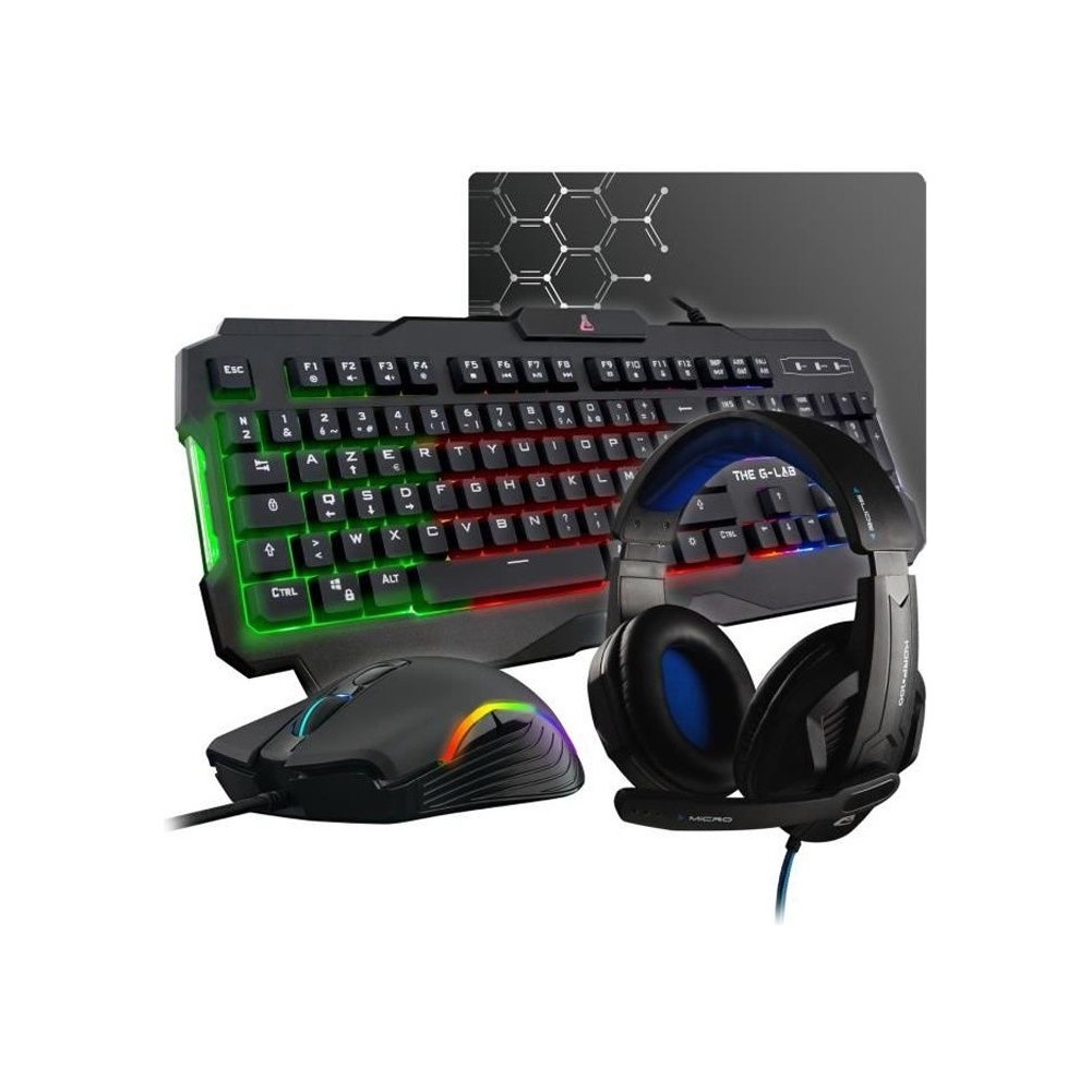 Pack Gamer 4 en 1 - The G-Lab - COMBO ARGON - Souris Filaire - Clavier Filaire - Casque Filaire - Tapis de Souris