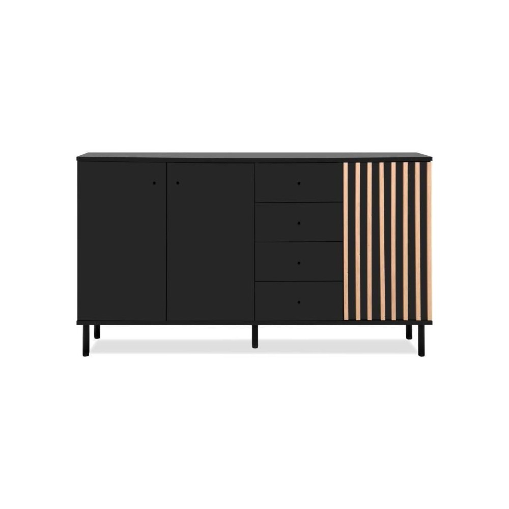 Buffet - MONZA - Décor noir / chene artisan - 3 portes - 4 tiroirs - 160 x 90 x 40 cm