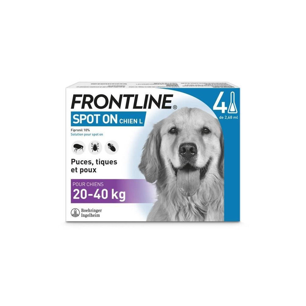 FRONTLINE Spot On Chien L - 20 a 40 kg - 4 pipettes- Puces tiques et p