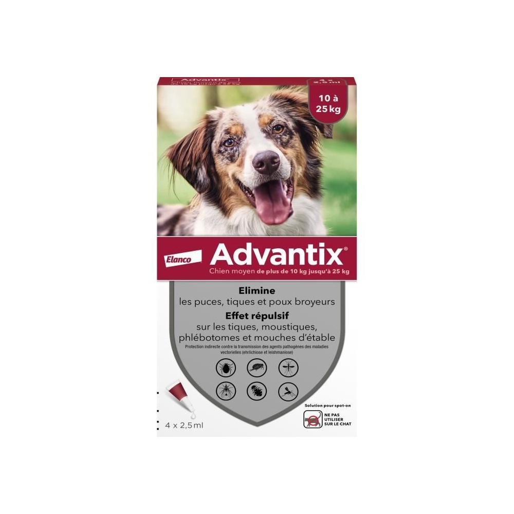 ADVANTIX Chien Solution Antiparasitaire Race Moyenne 10 a 25kg 4 pipet