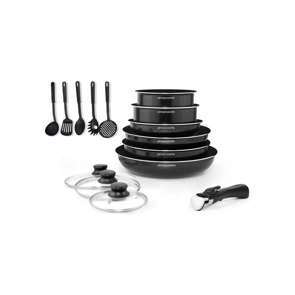 ARTHUR MARTIN Batterie de cuisine amovible 15 pieces 16-20-22-24-26 cm noir - Tous feux dont induction