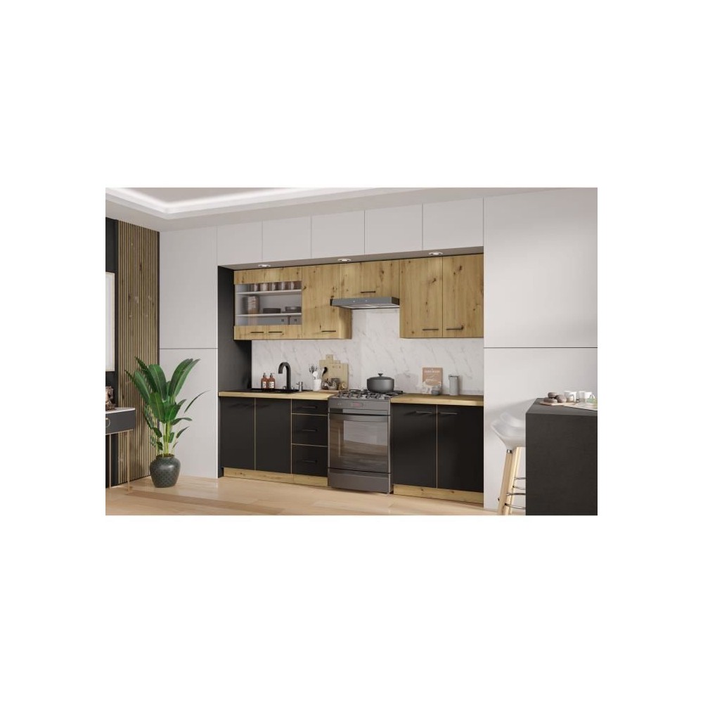 MODENA - Cuisine complete - 260 cm - Chene artisan / Noir mat - Plan d