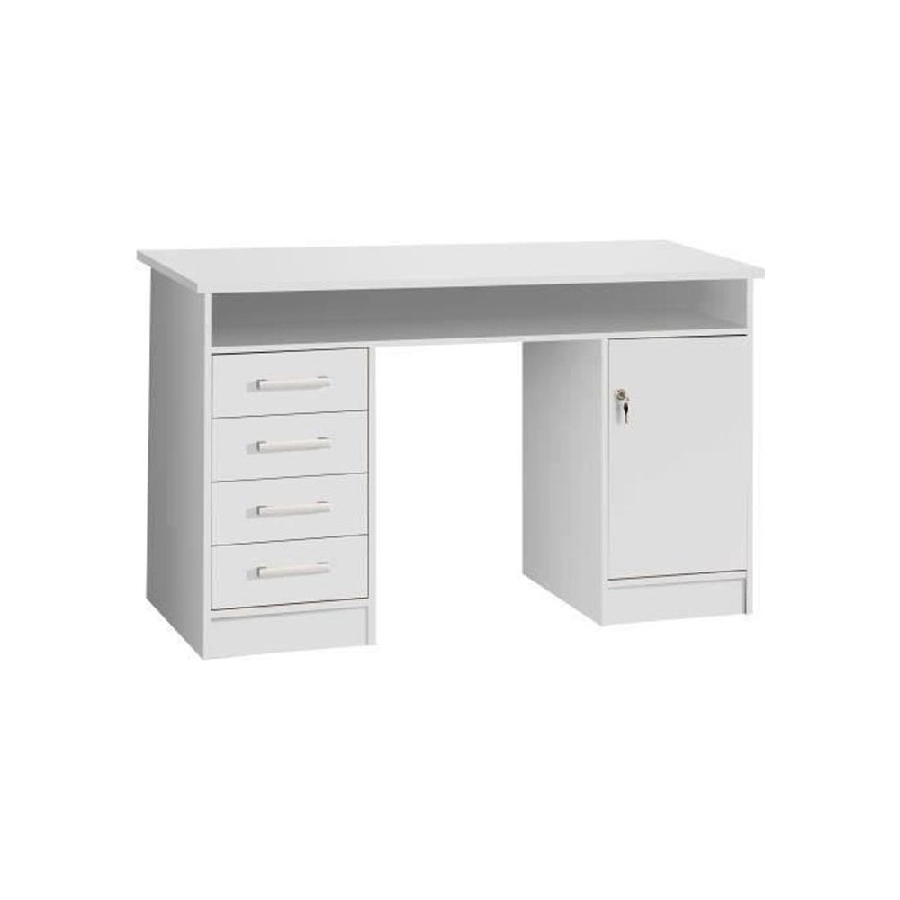 Bureau droit a clés avec 1 porte et 4 tiroirs - Décor papier blanc -