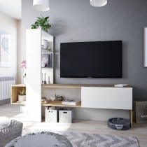 Meuble TV LISS - Mélaminé blanc et chene - 1 Porte battante + 1 éta