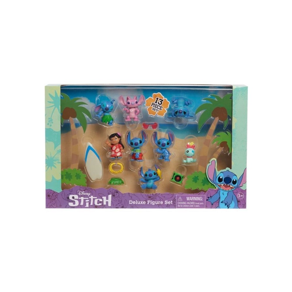 Figurines et accessoires - LICENCE /STITCH - Coffret Deluxe - 13 figurines et accessoires, Stitch dans 5 poses, planche de surf