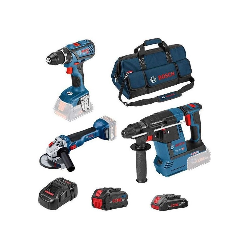 Bosch Pro 3 OUTILS : perceuse GSR 18V-55 + meuleuse GWS 18V-10 + perforateur GBH 18V-26 + 1xProCORE18V 8.0Ah GAL 1880 CV