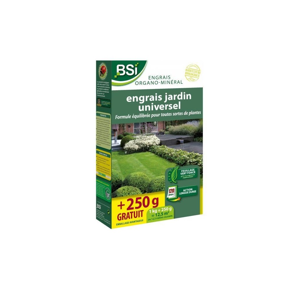 Engrais Bio universel - BSI - Végétaux multiples - Gazon, potager, fleurs - Action longue durée - 1Kg + 250g gratuit - 12,5 m