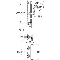 Ensemble de douche avec mitigeur thermostatique, pommeau 3 jets, barre