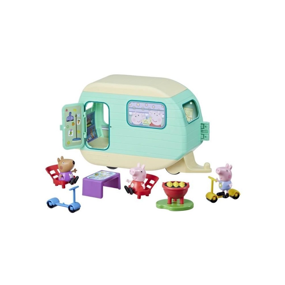 Peppa Pig, La caravane de Peppa avec 3 figurines et 6 accessoires, jouets préscolaires pour filles et garçons, a partir de 3