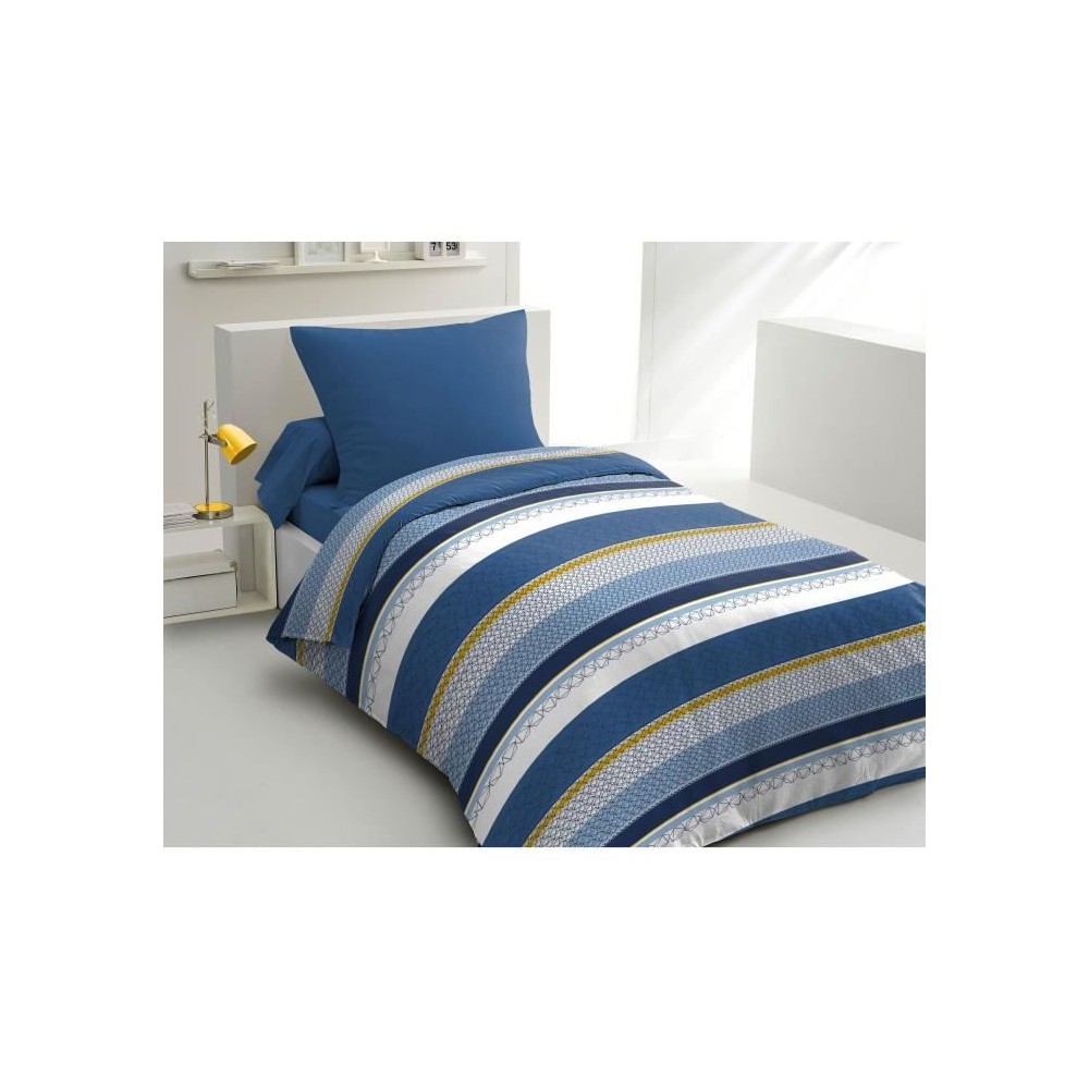 Parure de couette microfibre HOME PASSION STANIS - 1 housse de couette 140 x 200 cm + 1 taie d'oreiller 63 x 63 cm - Bleu