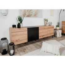 Buffet Bas / Meuble TV NOLA - Décor chene et noir - 4 portes - L 200