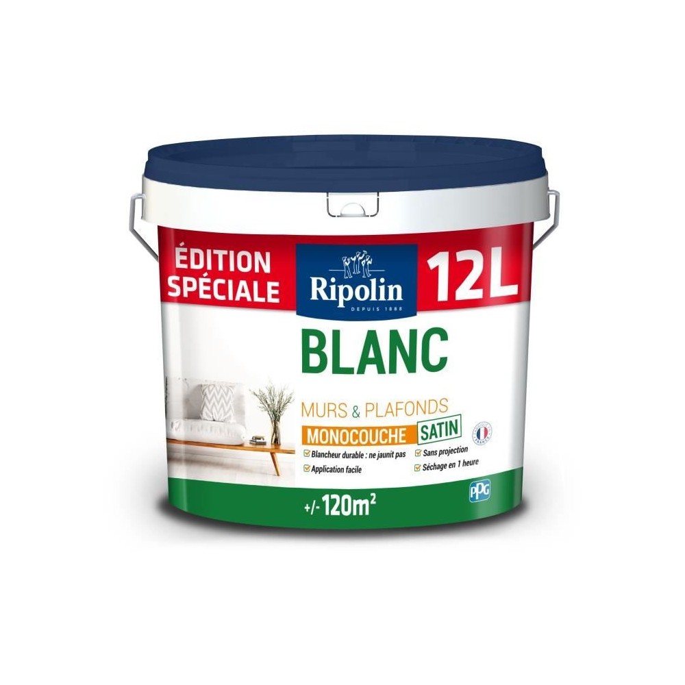 Peinture murs et plafonds - RIPOLIN - 426884 - Monocouche - Satin - Blanc - 12 L