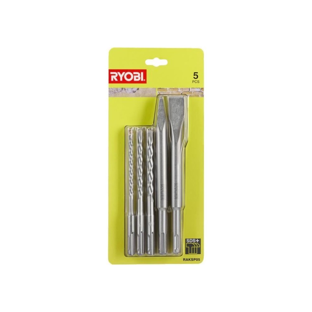 RYOBI - Kit 3 forets (6 mm, 8 mm, 10 mm) et 2 burins SDS+ (1 pointe et 1 plat) - RAKSP05