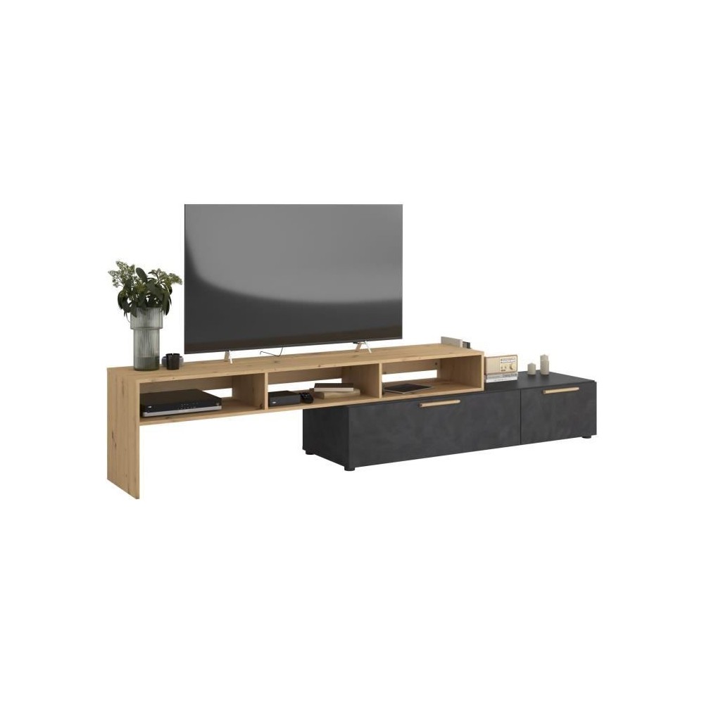 Meuble TV RAW - Décor chene et Steam Black - 1 abattant + 1 tiroir -