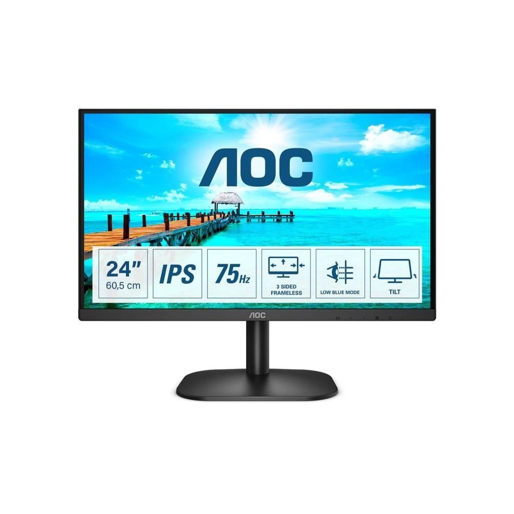 Écran PC - AOC 24B2XH - 23,8 FHD - Dalle IPS - 75Hz - 4ms - HDMI/VGA - LowBlue/Flicker-Free - VESA 100x100 - Noir