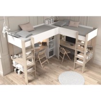 Lit double mezzanine combiné enfant ALEXANDRA avec 2 bureaux et rangements - 2x90x200 cm - Blanc/Chene - Sommiers inclus - PARI