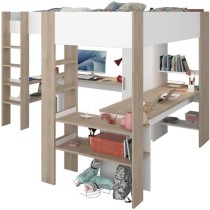 Lit double mezzanine combiné enfant ALEXANDRA avec 2 bureaux et rangements - 2x90x200 cm - Blanc/Chene - Sommiers inclus - PARI