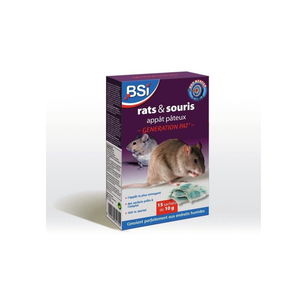 Anti-rats et souris 150g - BSI - Efficacité radicale - Generation Pat' - 15 sachets pâte 10g - Haute qualité - Adapté zones