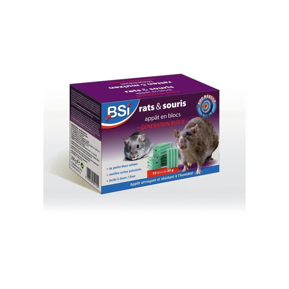 Anti-rats et souris 300g - BSI - Efficacité radicale - Generation Block - 15 blocks de 20g - Adapté zones tres humides