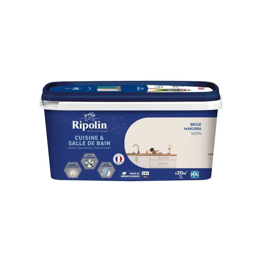 Peinture murs, boiseries, plafonds, radiateurs - RIPOLIN - Cuisine et bain - 2 L - Beige Makuria