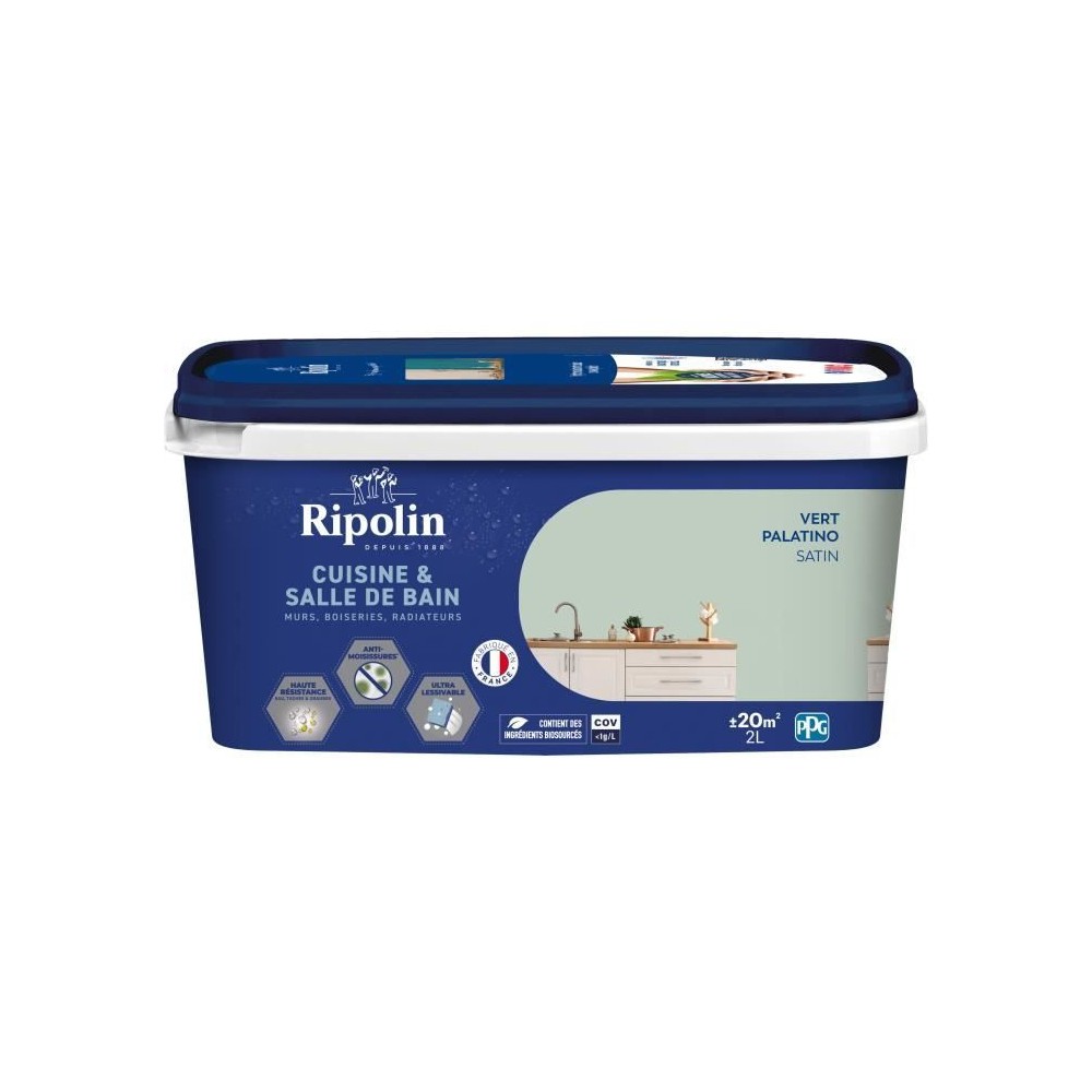 Peinture murs, boiseries, plafonds, radiateurs - RIPOLIN - Cuisine et bain - 2 L - Vert Palatino