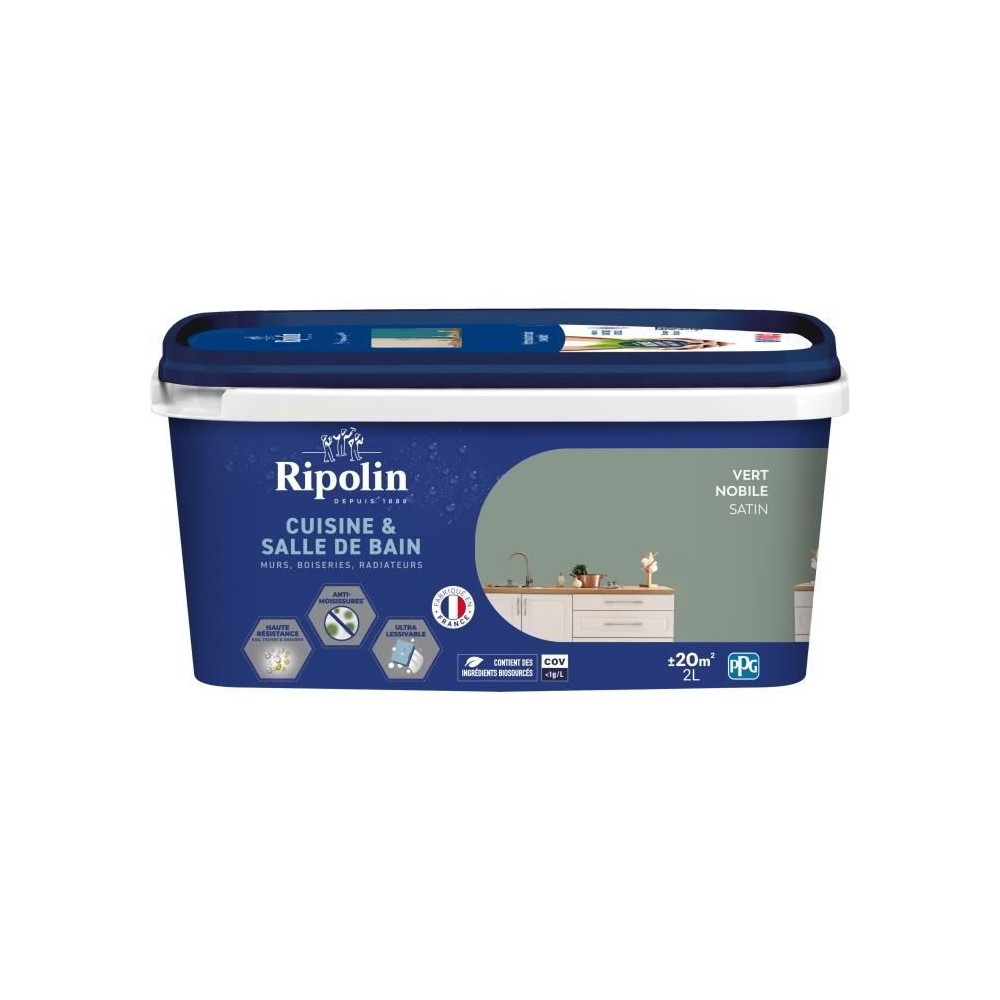 Peinture murs, boiseries, plafonds, radiateurs - RIPOLIN - Cuisine et bain - 2 L - Vert Nobile