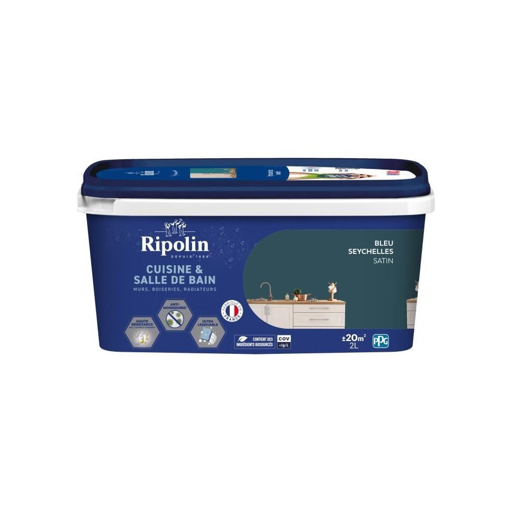 Peinture murs, boiseries, plafonds, radiateurs - RIPOLIN - Cuisine et bain - 2 L - Bleu Seychelles