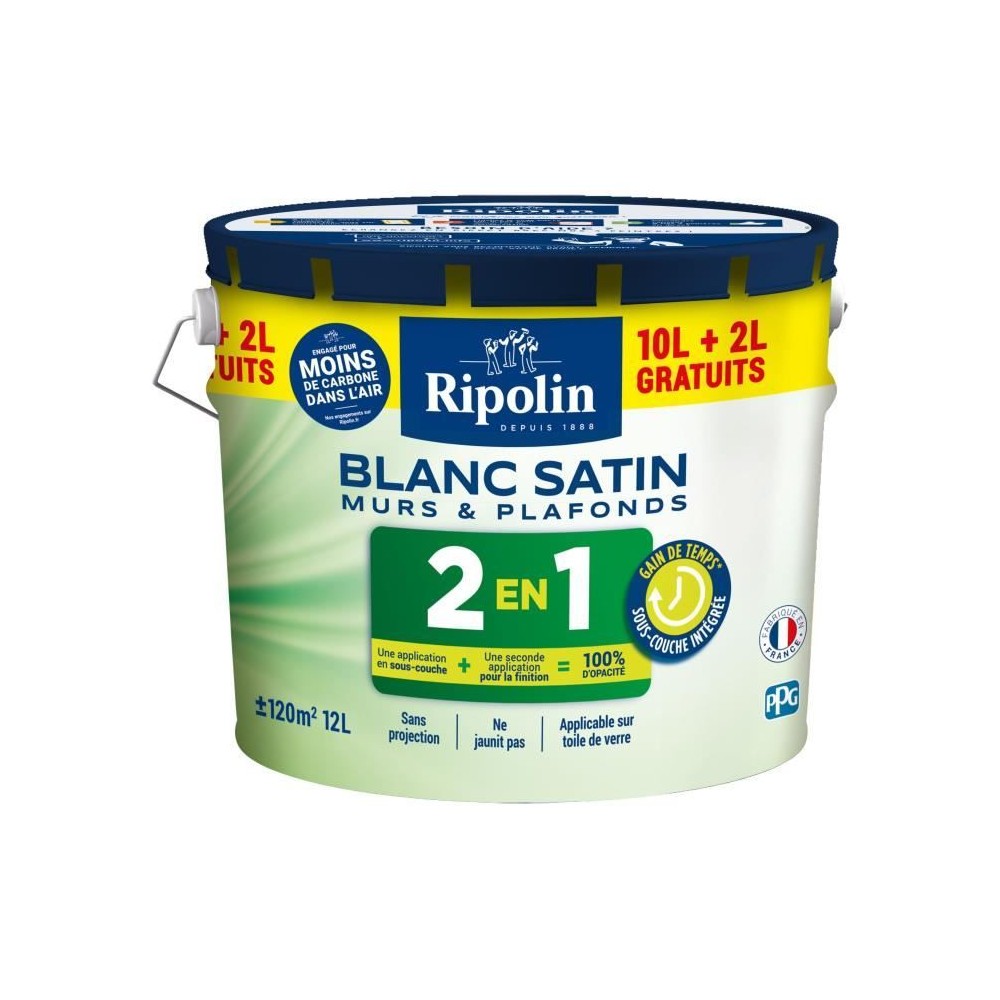 Peinture Murs et Plafonds 2 en 1 Blanc Satin Ripolin 10L + 2L gratuits