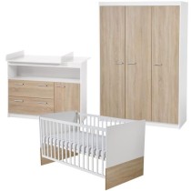 Chambre Bébé Complete Gabriella ROBA - Lit Évolutif 70x140 + Commode a Langer + Armoire 3 Portes - Blanc / Chene Scié