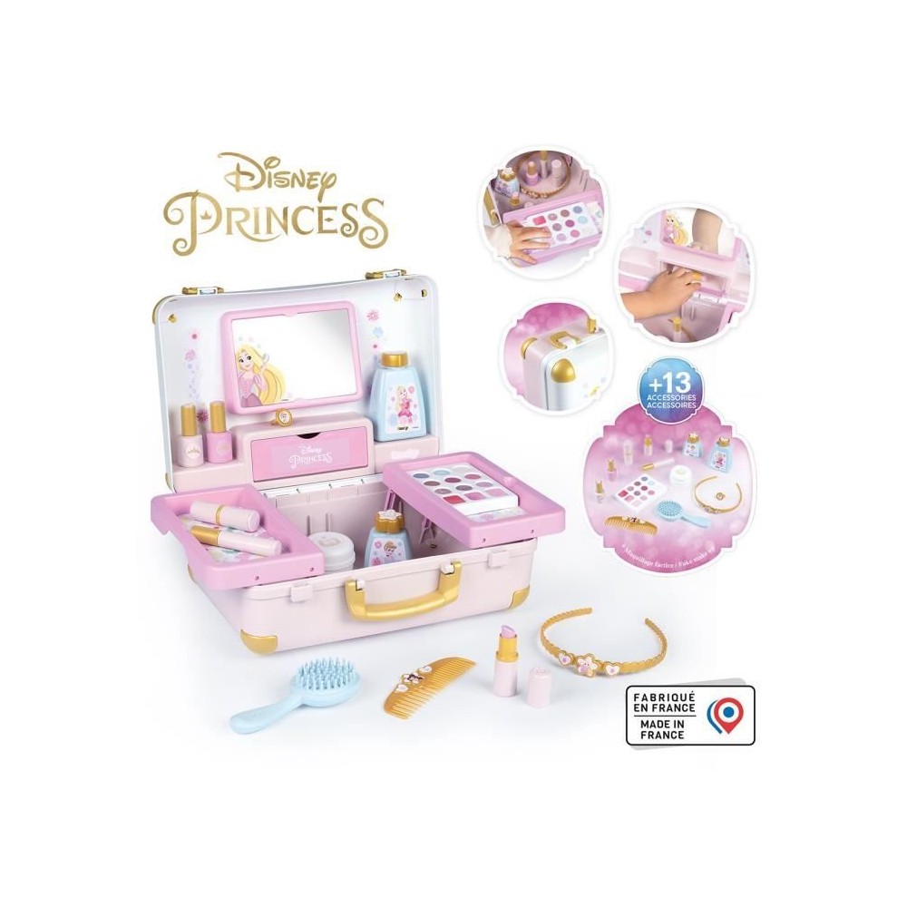 Smoby - Disney Princesse - Valise beauté facile a transporter - 13 accessoires inclus : coiffure, onglerie, maquillage - Fabric