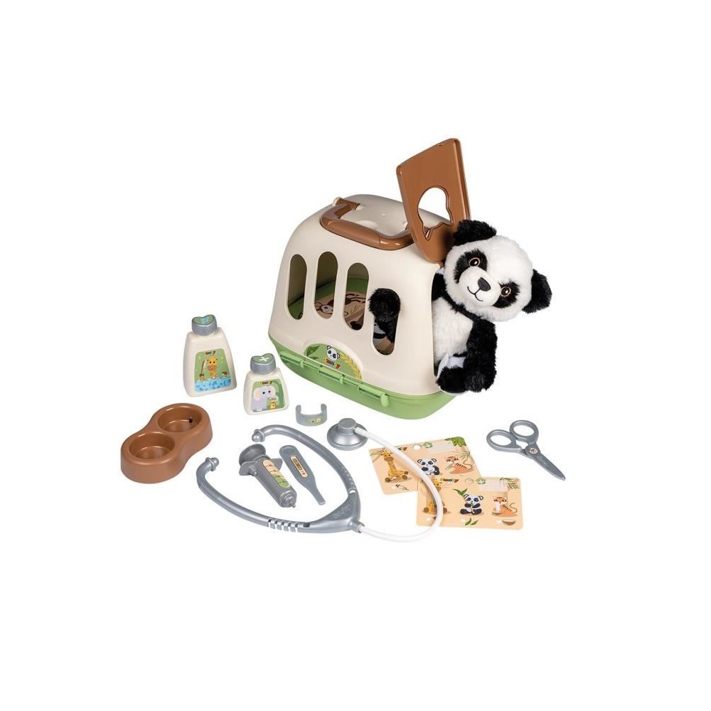 Smoby - Mallette vétérinaire - 1 peluche panda et de nombreux accessoires - Produit 2 en 1 : Cage de transport