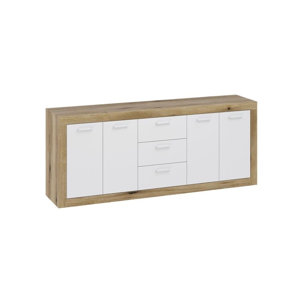 Buffet Mélamine chene rustique et blanc mat - 4 portes et 3 tiroirs L