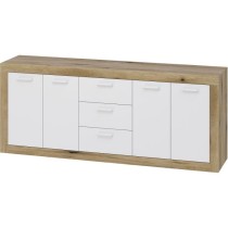 Buffet Mélamine chene rustique et blanc mat - 4 portes et 3 tiroirs L