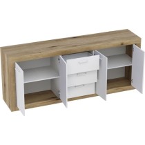 Buffet Mélamine chene rustique et blanc mat - 4 portes et 3 tiroirs L