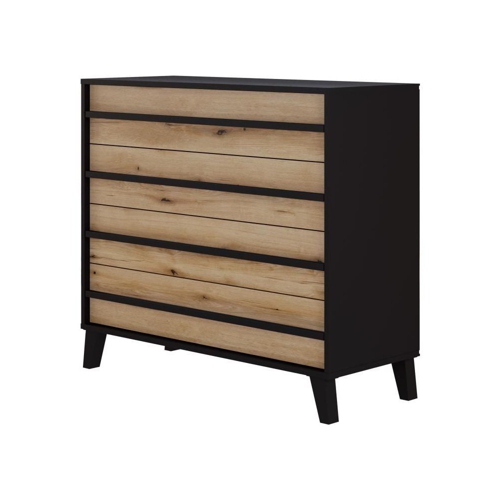 Commode HEKA 4 tiroirs - Décor noir et chene - L100 x P40 x H89 cm -