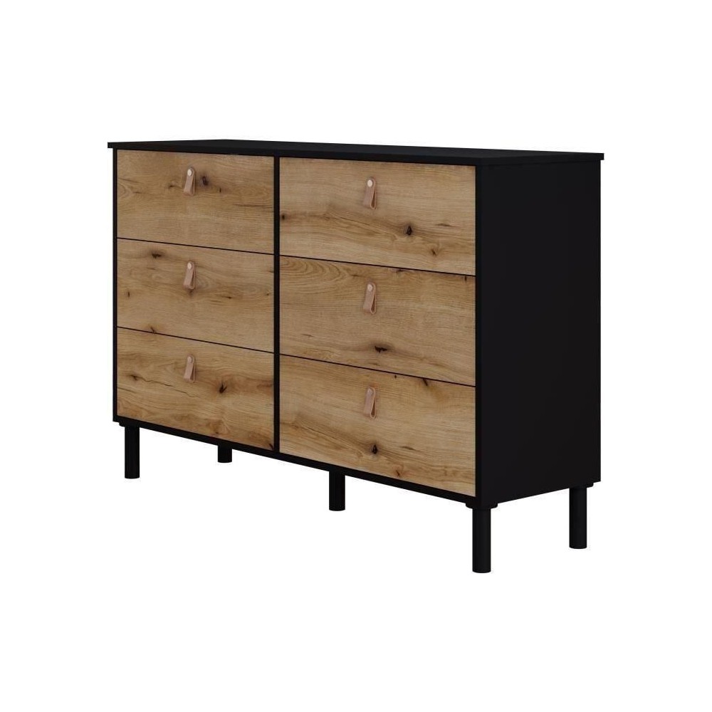 Commode SAMANTHE 6 tiroirs - Décor noir et chene - L 140 x P 40 x H 9