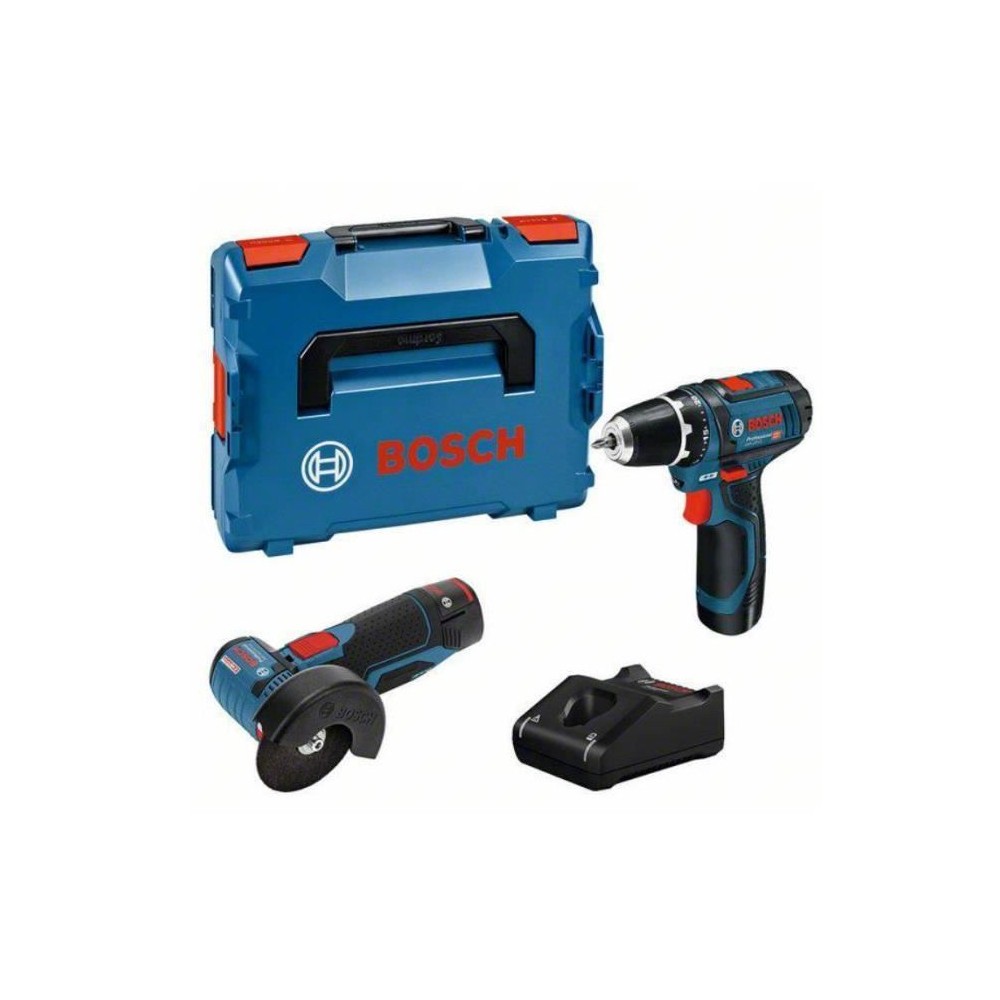 Pack 2 outils BOSCH Perceuse-visseuse GSR 12V-15 + Meuleuse angulaires GWS 12V-76 + 2 batteries 2Ah 12V + chargeur en L-BOXX