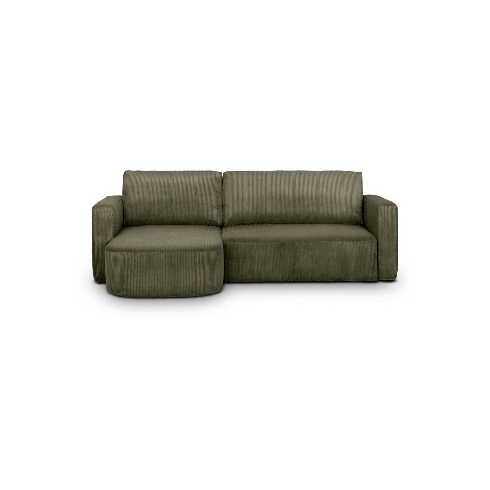 Canapé d'angle convertible et réversible - 3 places - GALET - Velours cotelé vert kaki - Coffre - 238 x 95 / 154 x 86 cm