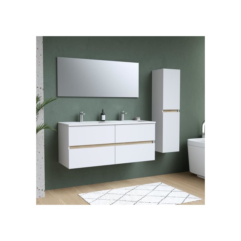 Ensemble Totem Blanc 120 avec vasque double, miroir & colonne