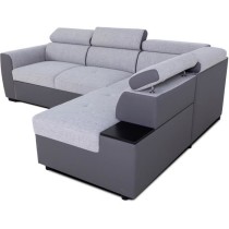 Canapé d'angle convertible réversible - 4/5 places - KELIO - Simili Anthracite / Tissu Gris - 3 tétieres - 245 x 184 x 77/87