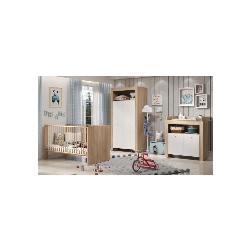 Chambre bébé trio PIA - Lit 70x140 cm + Commode a langer 2 portes +