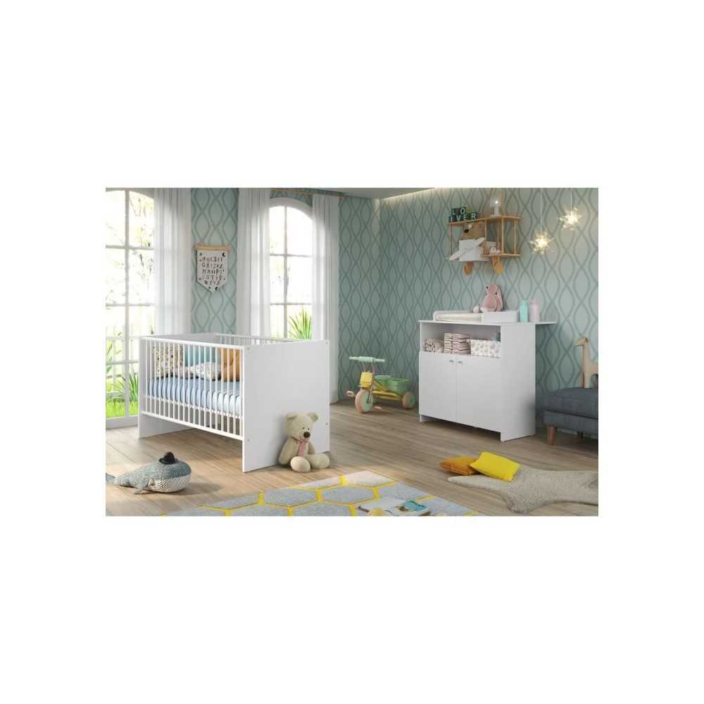 Chambre bébé Duo : Lit 70 x 140 cm + Commode a langer NIKO - Blanc -