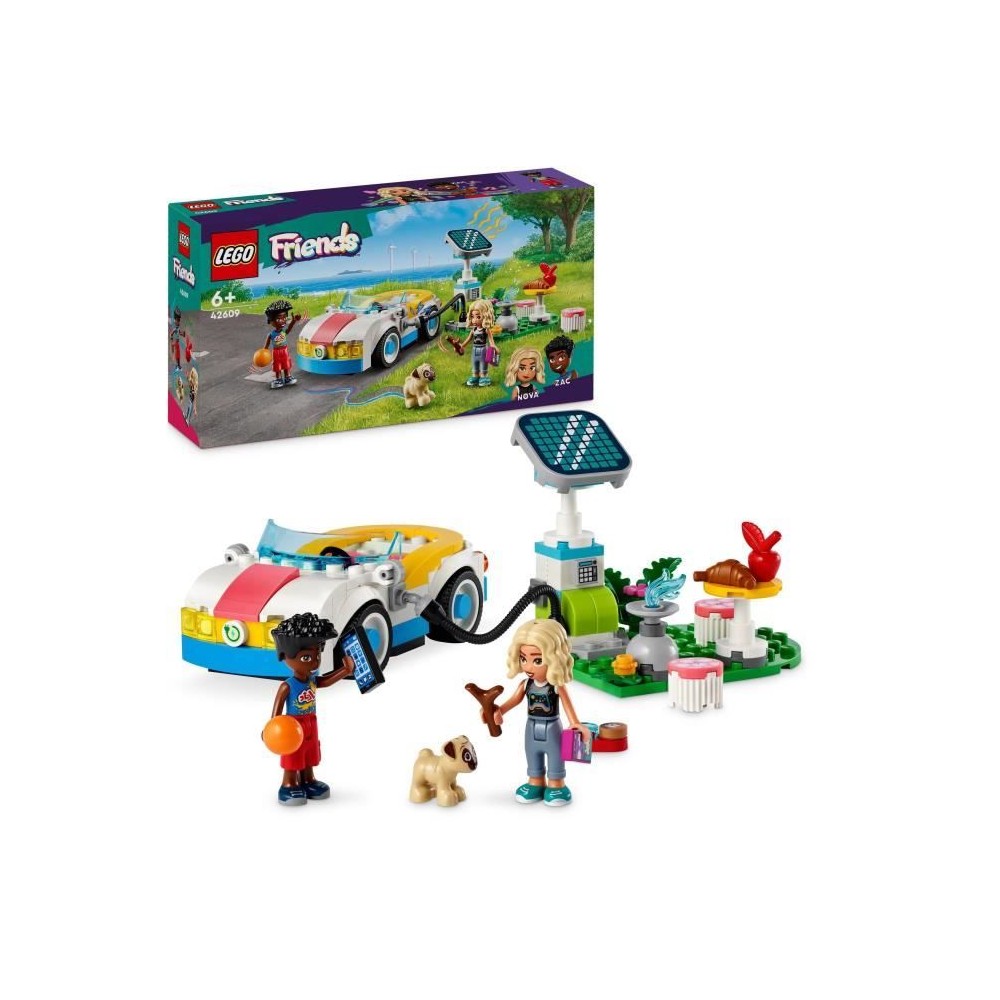 LEGO 42609 Friends La Voiture Électrique et la Borne de Recharge, Jouet de Voiture, avec les Figurines Nova et Zac